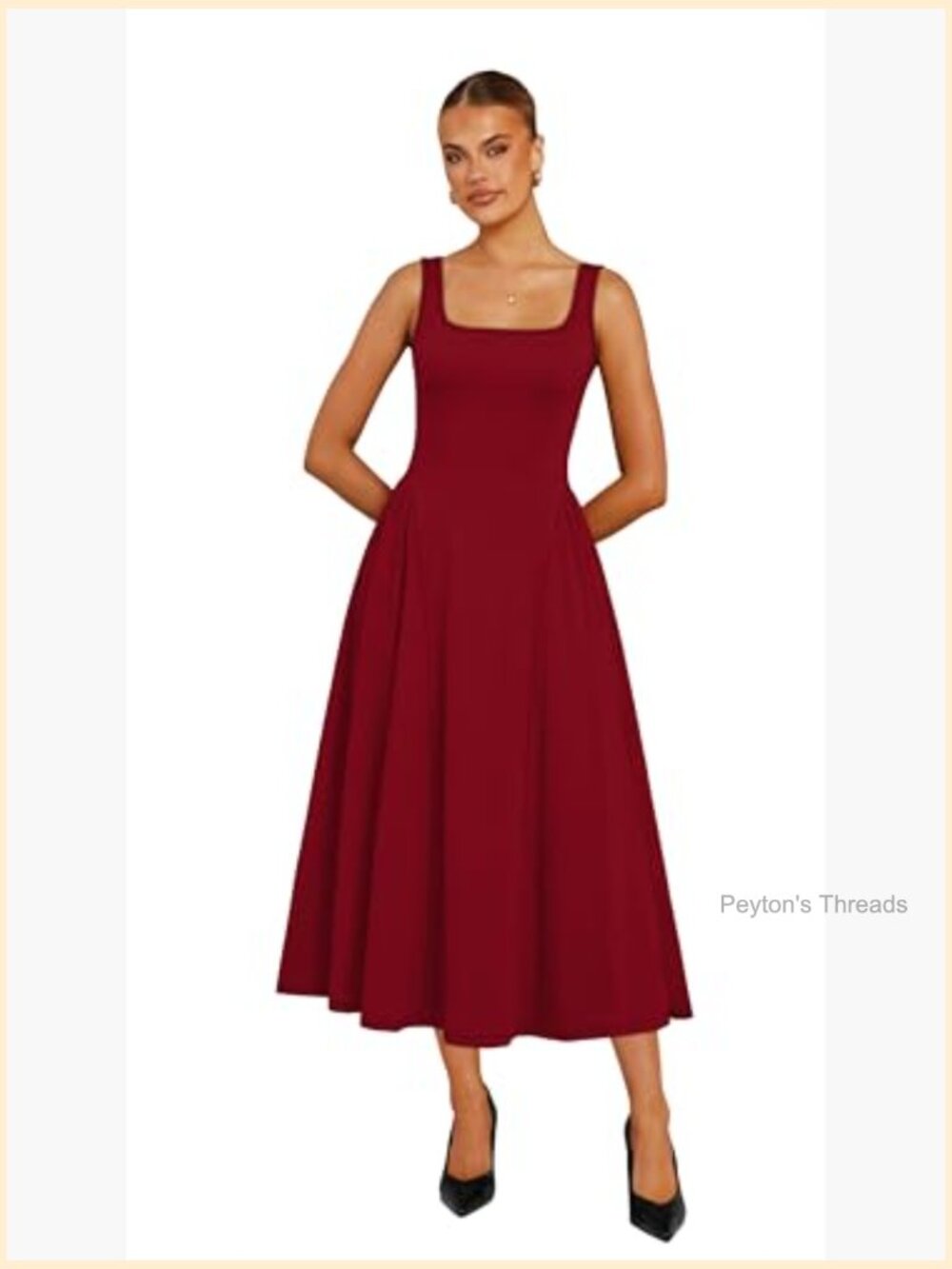 Square Neck Corset A-Line Maxi Dress Ruffle Ruched Waist Flowy Sleeveless Midi - Picture 3 of 7